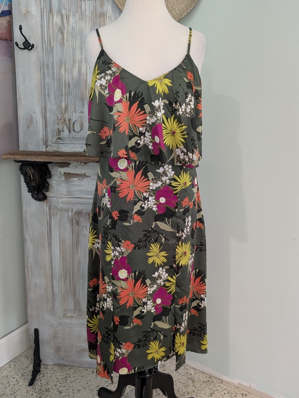 Banana Republic Olive Floral Spaghetti-Strap Midi Dress